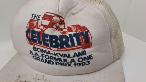 Signed 1993 Celebrity S.A Formula One Grand Prix Cap by Jonty Rhodes.Clive Rice and Bruce Fordyce-