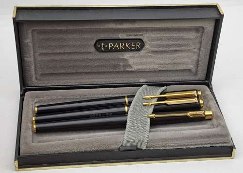 Pre-owned 3 Vintage Black and Gold Parkers Fountain Pen, 2 x Rollerballs Branded in Case