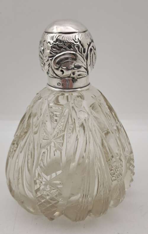 Antique Cut Glass & Sterling Silver Scent Bottle -115mmx75mm (Hall Marked) England