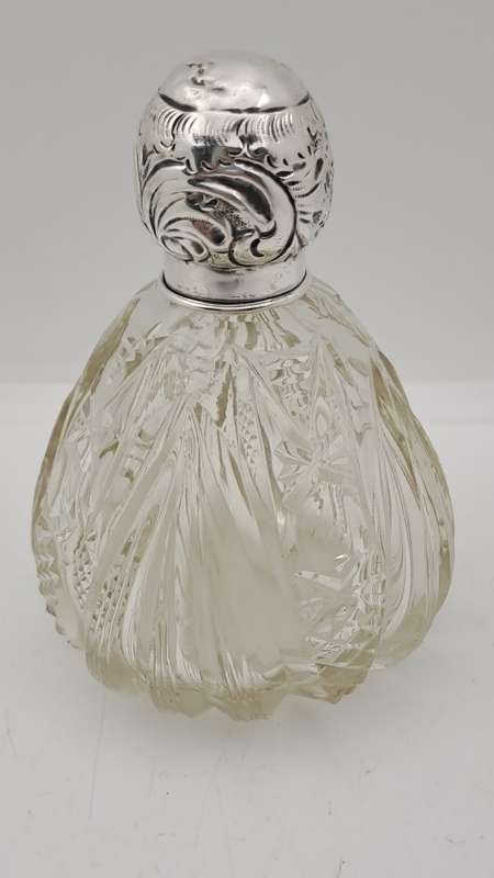 Antique Cut Glass & Sterling Silver Scent Bottle -115mmx75mm (Hall Marked) England