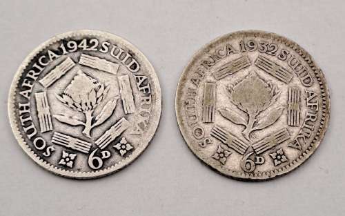 1932 and 1942  South Africa Silver .800 -6 Pence
