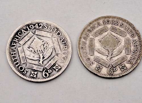 1932 and 1942  South Africa Silver .800 -6 Pence