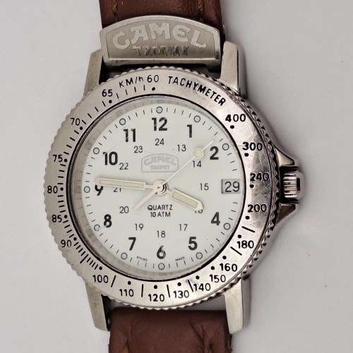 Vintage CAMEL Throphy Quarts 10ATM Tachymeter Swiss Made Watch -working-Original strap