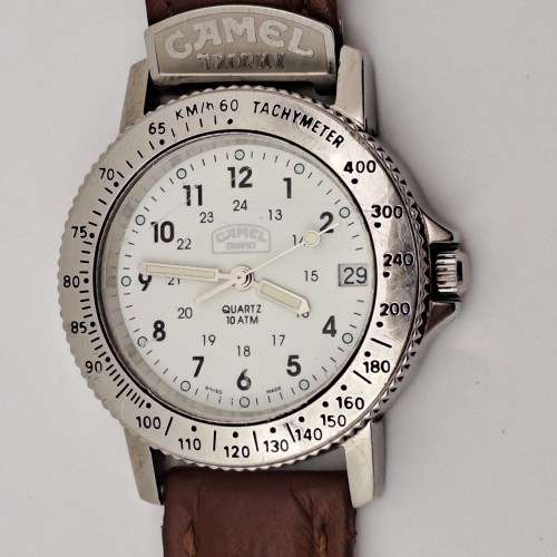 Vintage CAMEL Throphy Quarts 10ATM Tachymeter Swiss Made Watch -working-Original strap