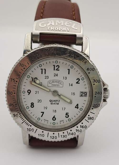 Vintage CAMEL Throphy Quarts 10ATM Tachymeter Swiss Made Watch -working-Original strap