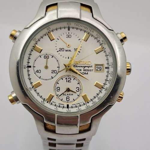 Pre-owned 1999 or 2000  Seiko Chronograph Alarm Mens watch - Working Original StrapMov 7T32