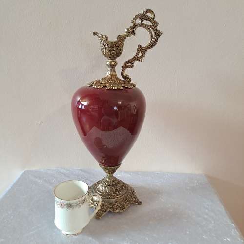 Beautiful Large Antique Brass and Glass Mantle Ewer -41cm Tall