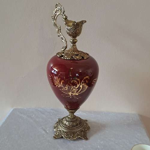 Beautiful Large Antique Brass and Glass Mantle Ewer -41cm Tall