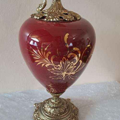 Beautiful Large Antique Brass and Glass Mantle Ewer -41cm Tall