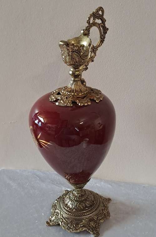 Beautiful Large Antique Brass and Glass Mantle Ewer -41cm Tall