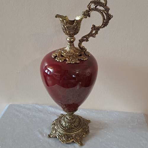 Beautiful Large Antique Brass and Glass Mantle Ewer -41cm Tall