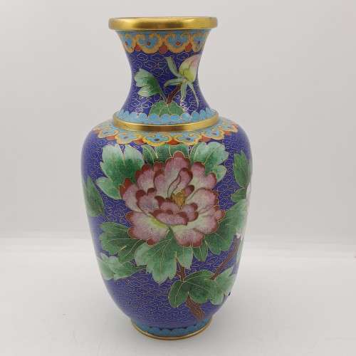 Vintage Cloisonne Floral Vase-With Brass trimmings