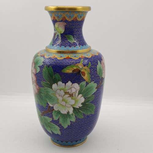 Vintage Cloisonne Floral Vase-With Brass trimmings
