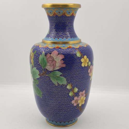 Vintage Cloisonne Floral Vase-With Brass trimmings