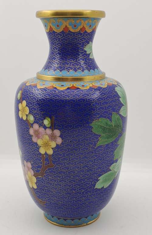 Vintage Cloisonne Floral Vase-With Brass trimmings