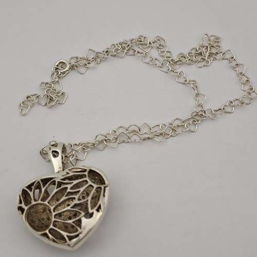 Pre-owned Marcasite Heart Sterling .925 Silver Pendant with Sterling Silver Chain