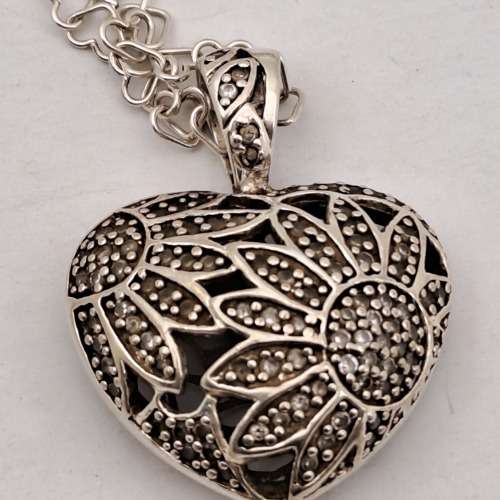 Pre-owned Marcasite Heart Sterling .925 Silver Pendant with Sterling Silver Chain