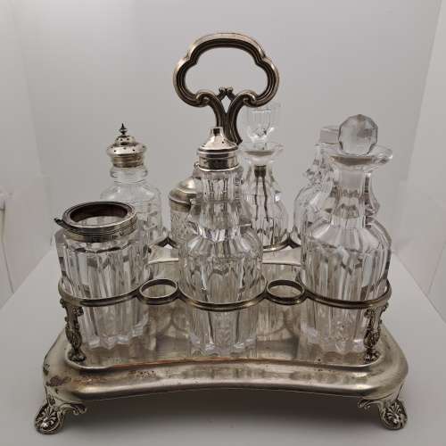 Antique Cruet Set with Hallmarked Sterling Silver Lids -see condition