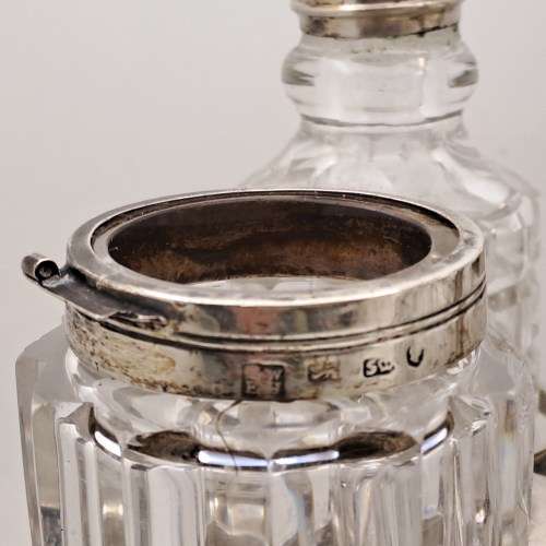 Antique Cruet Set with Hallmarked Sterling Silver Lids -see condition