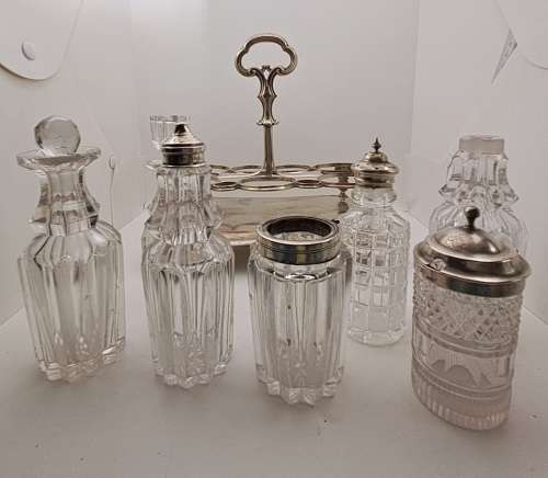 Antique Cruet Set with Hallmarked Sterling Silver Lids -see condition