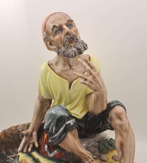 Large Vintage Sandizell Hoffner & Co. Figurine `Fisherman with Basket of Fish` made in W.Germany