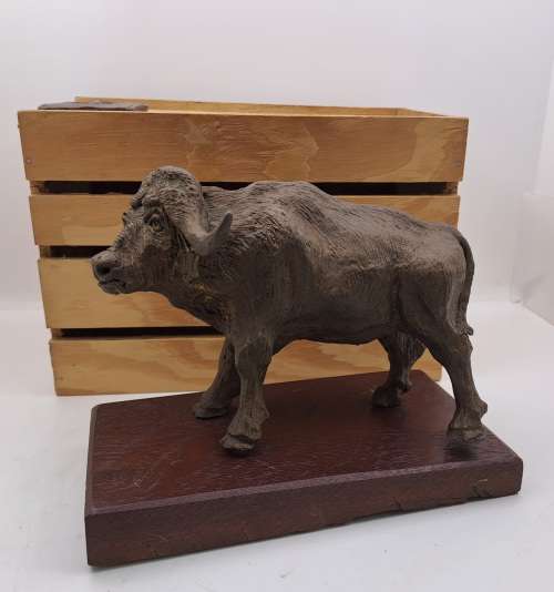 a Buffalo Figurine (Hand Made) in wooden Crate -ONE FOOT/HOOF BROKEN