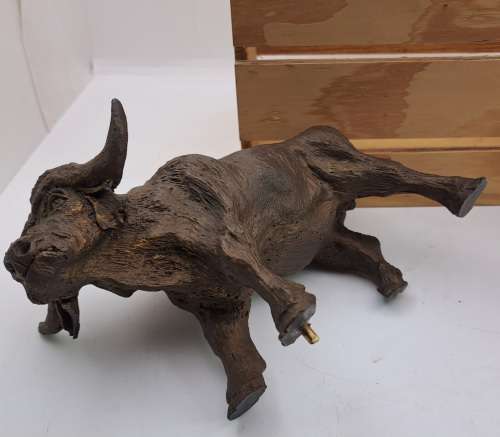 a Buffalo Figurine (Hand Made) in wooden Crate -ONE FOOT/HOOF BROKEN