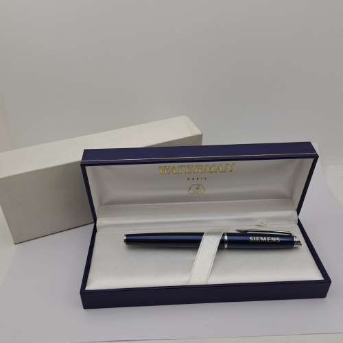 Blue and Crome Waterman Fountain pen (unused) in case with sleeve -Medium nib-Siemens Branded