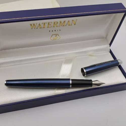 Blue and Crome Waterman Fountain pen (unused) in case with sleeve -Medium nib-Siemens Branded
