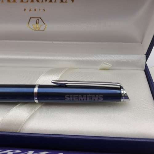 Blue and Crome Waterman Fountain pen (unused) in case with sleeve -Medium nib-Siemens Branded