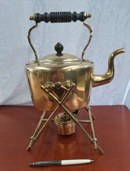 Vintage Victorian Solid Brass Kettle on Stand with Oil Burner