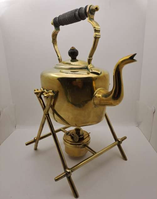 Vintage Victorian Solid Brass Kettle on Stand with Oil Burner