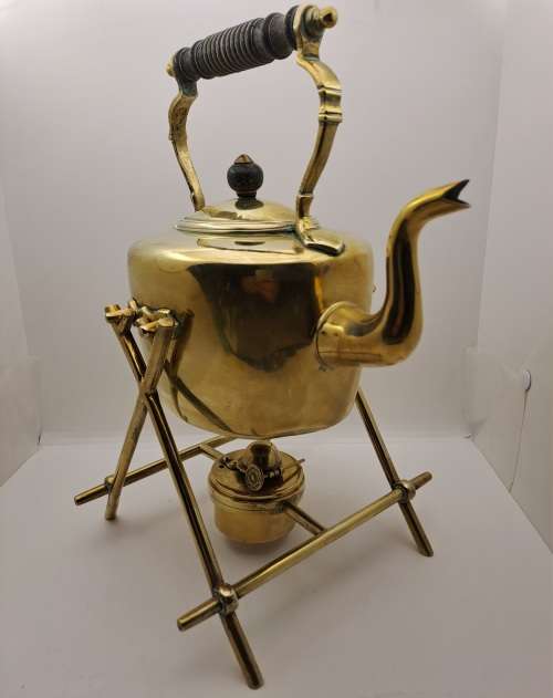 Vintage Victorian Solid Brass Kettle on Stand with Oil Burner