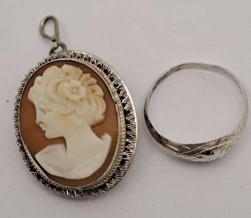 Vintage Sterling Silver Cameo Brooch/Pendant plus small sterling silver ring.