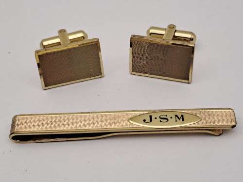 Vintage 1950`s   Plated Cufflink Pair and JSM ROLED Gold Tie Clip