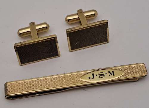 Vintage 1950`s   Plated Cufflink Pair and JSM ROLED Gold Tie Clip