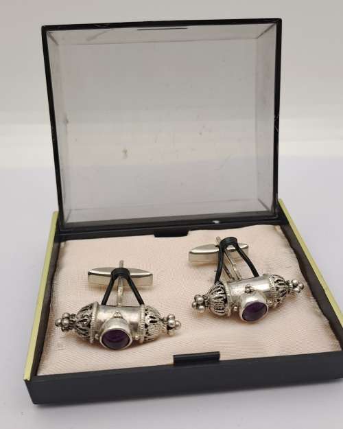 Vintage Silver Kavach Cufflinks with Gemstones -Boxed