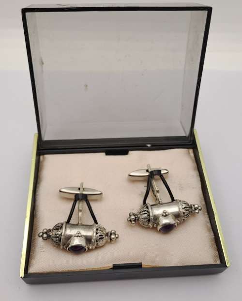 Vintage Silver Kavach Cufflinks with Gemstones -Boxed