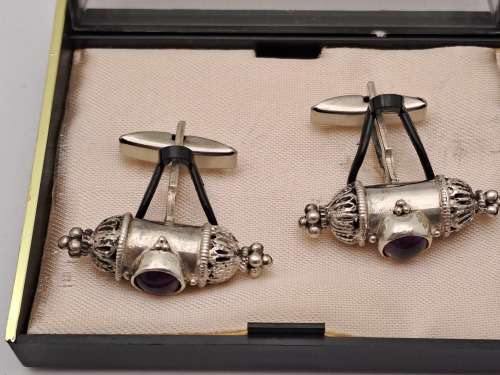 Vintage Silver Kavach Cufflinks with Gemstones -Boxed