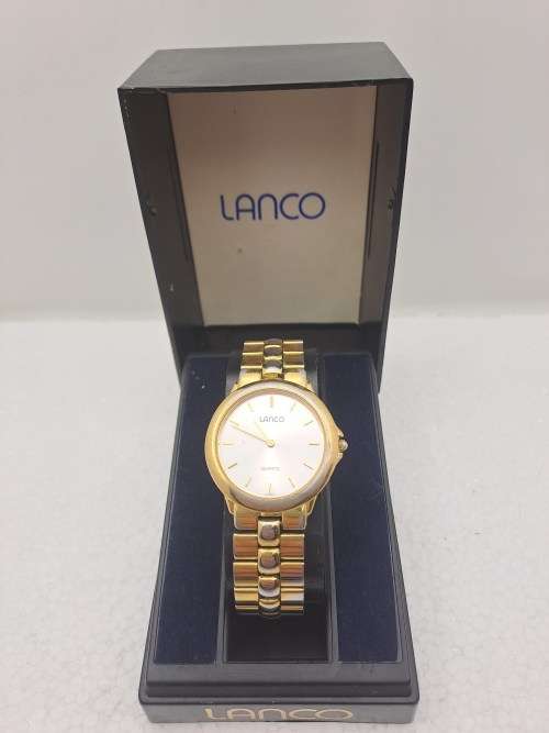 Pre-Owned-Vintage Lanco 3 ATM Quartz Watch - Working- in Case -Gold plating worn on casing and strap
