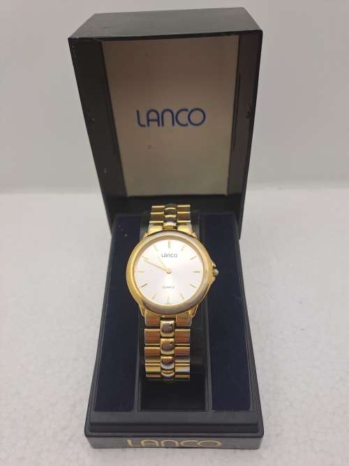Pre-Owned-Vintage Lanco 3 ATM Quartz Watch - Working- in Case -Gold plating worn on casing and strap