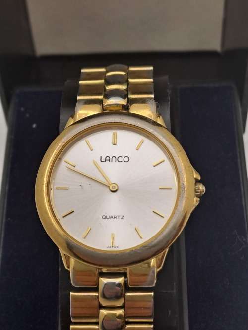 Pre-Owned-Vintage Lanco 3 ATM Quartz Watch - Working- in Case -Gold plating worn on casing and strap