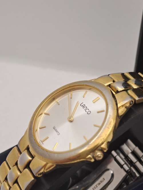 Pre-Owned-Vintage Lanco 3 ATM Quartz Watch - Working- in Case -Gold plating worn on casing and strap