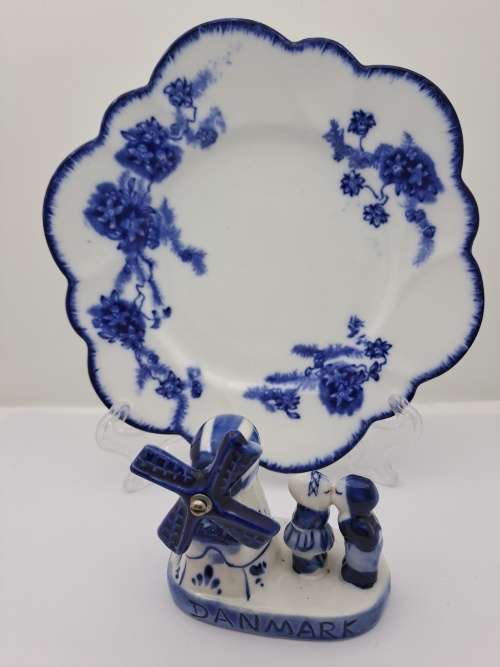 Unmarked Blue and White Porcelain Windmill with Kissing Couple Denmark and Plate