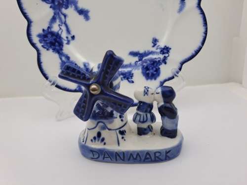 Unmarked Blue and White Porcelain Windmill with Kissing Couple Denmark and Plate