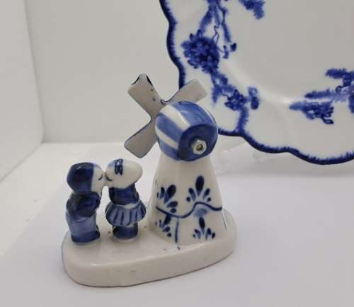 Unmarked Blue and White Porcelain Windmill with Kissing Couple Denmark and Plate