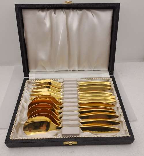 12 Pc Vintage Solingen Gold Plated Tea Spoon and Cake Fork set made in Germany-Boxed