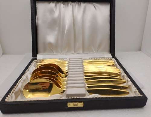 12 Pc Vintage Solingen Gold Plated Tea Spoon and Cake Fork set made in Germany-Boxed