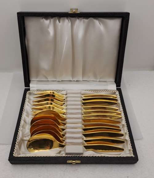 12 Pc Vintage Solingen Gold Plated Tea Spoon and Cake Fork set made in Germany-Boxed