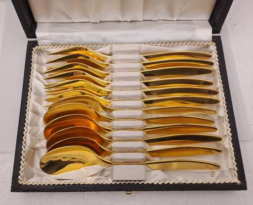 12 Pc Vintage Solingen Gold Plated Tea Spoon and Cake Fork set made in Germany-Boxed